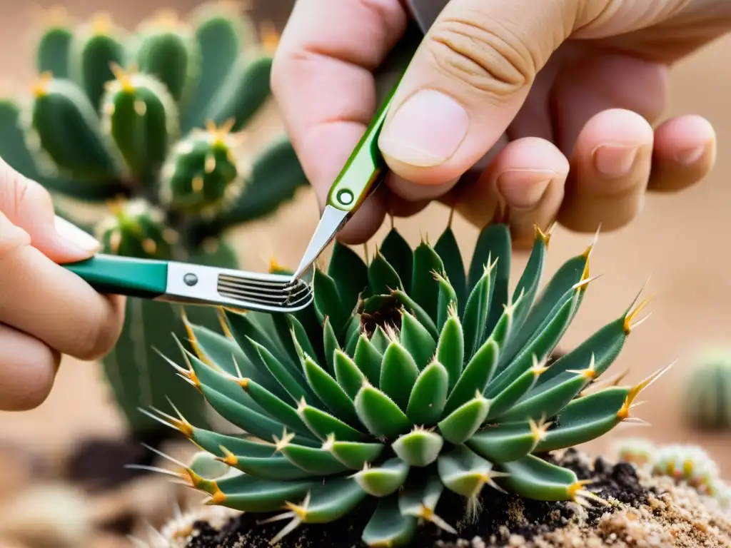 Multiplicación cactus sin espinas: Tweezers delicadamente separando un brote de un cactus maduro en suelo arenoso