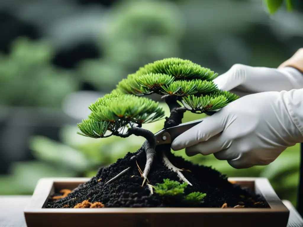 Conexión espiritual: manos cuidadosas podando un bonsái asiático, reflejando serenidad y precisión en la jardinería japonesa