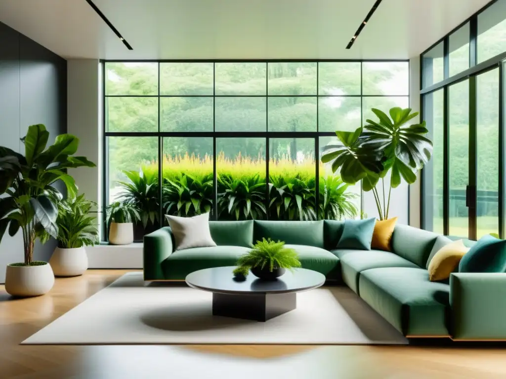 Espléndida sala minimalista con plantas de interior para decorar, creando una atmósfera serena y natural