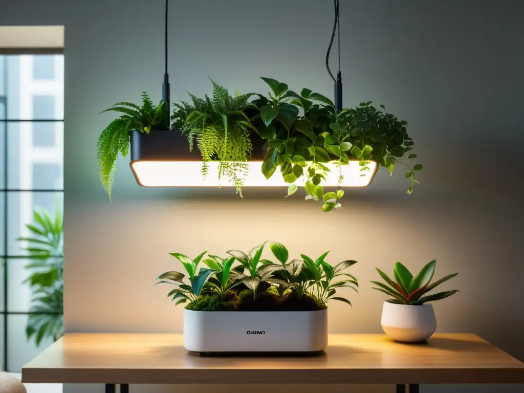 Espléndido arreglo de plantas de interior con luces LED ajustables, creando un ambiente sereno y acogedor