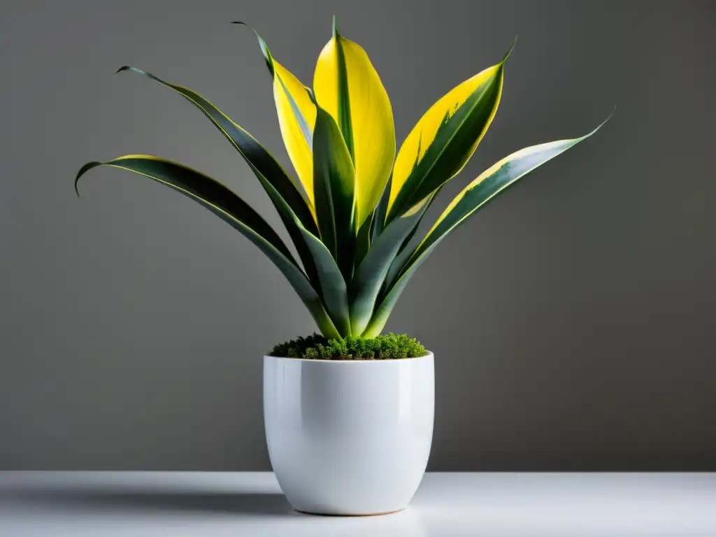 Sansevieria trifasciata: Elegante planta de interior Un espléndido ejemplar de sansevieria con hojas altas y robustas, bordeadas de vibrante amarillo, en una elegante maceta blanca