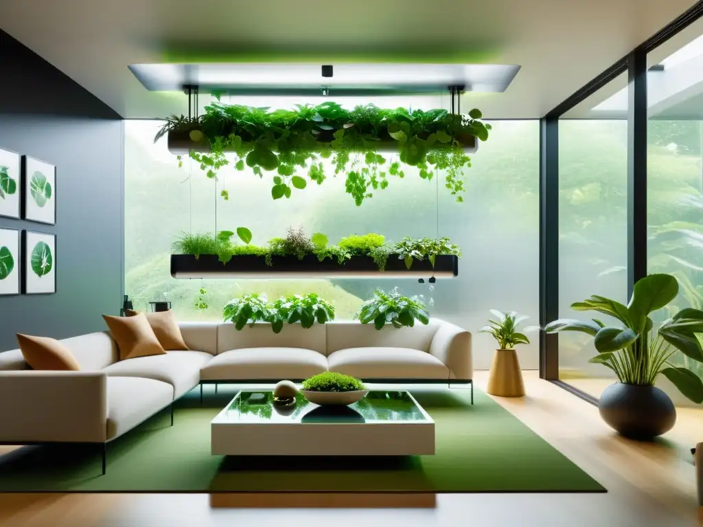 Espléndido salón moderno con jardín de hidroponía interior, destacando la perfecta integración de la naturaleza y diseño contemporáneo