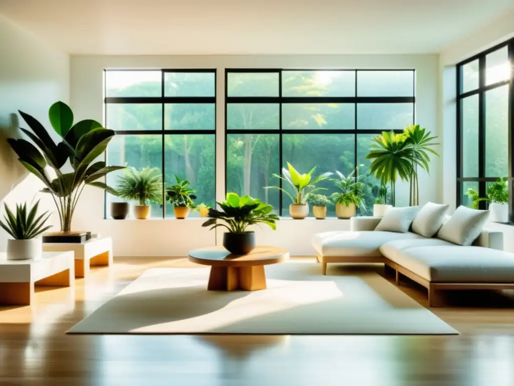 Decoración estacional con plantas de interior en un salón blanco minimalista con grandes ventanales, inundado de luz natural y serenidad verde