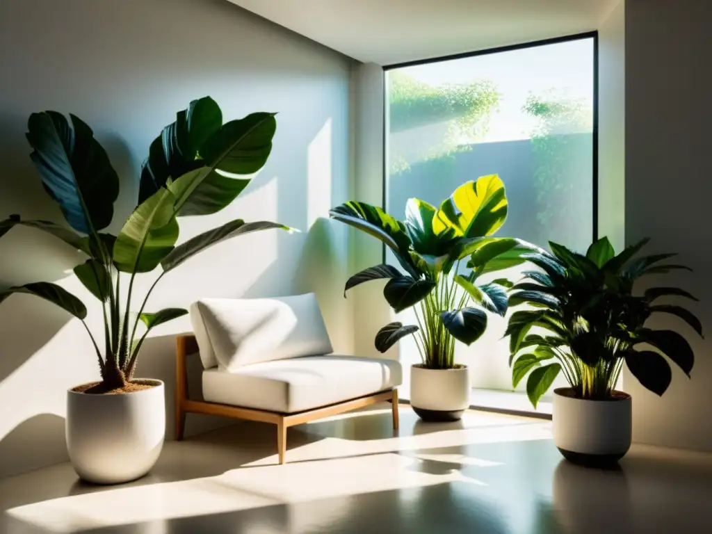 Decoración estacional con plantas de interior en un salón minimalista, bañado por la luz del sol y repleto de serenidad natural