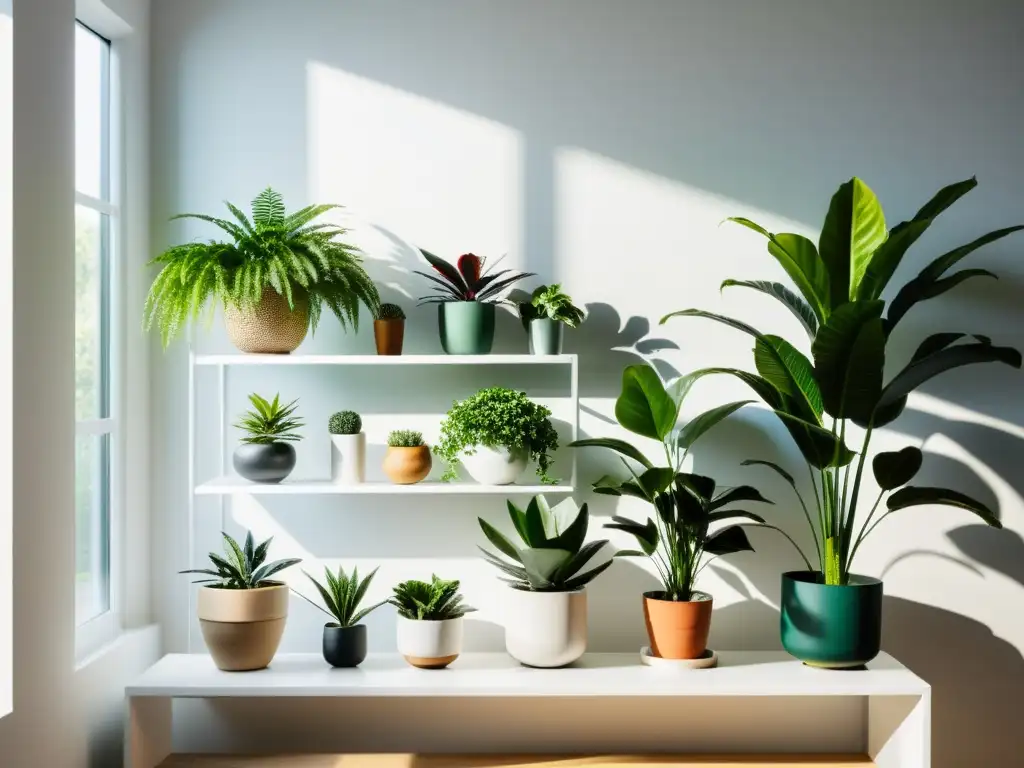 Una estancia interior serena y minimalista con plantas de interior antiestrés naturales, bañadas por suave luz natural