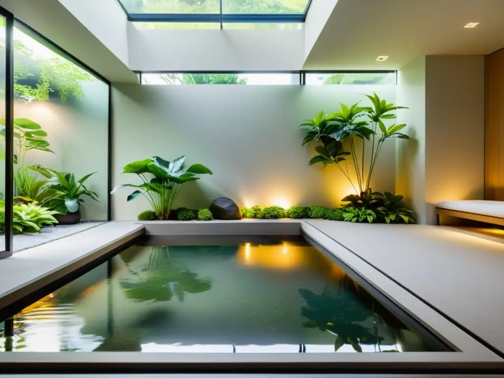 Estanque interior con plantas acuáticas, koi coloridos y diseño moderno, bañado por luz cálida