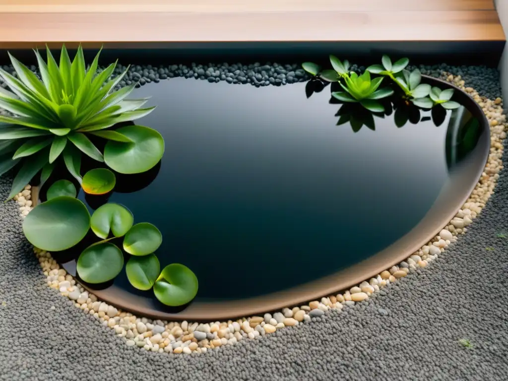 Un estanque interior sereno con plantas acuáticas vibrantes y cristalinas aguas, reflejando luz natural