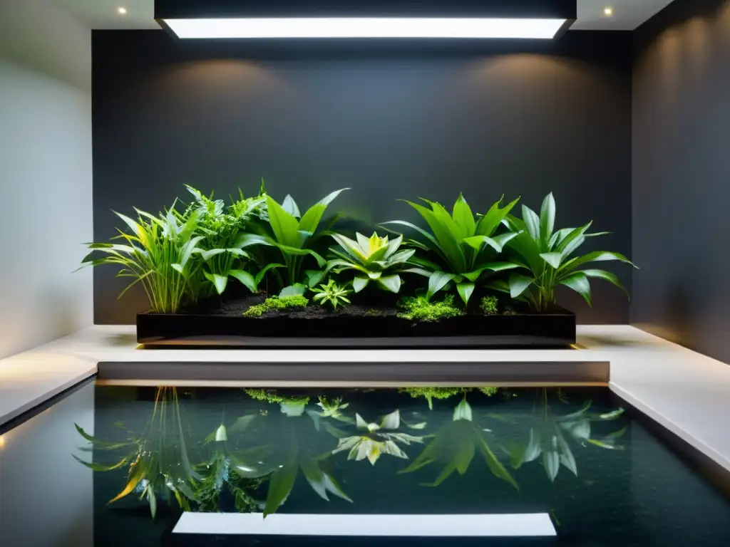 Un jardín acuático interior con estanque negro reflejante y plantas acuáticas exuberantes