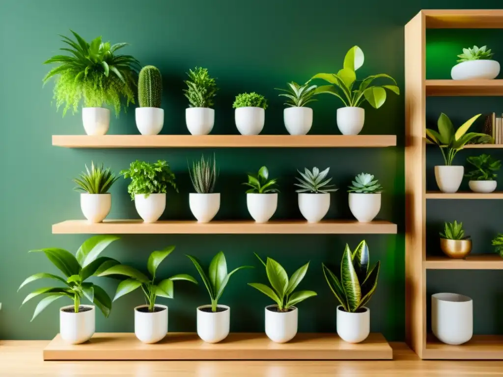 Una estantería de madera minimalista y elegante combina plantas de interior, creando un oasis verde y armonioso