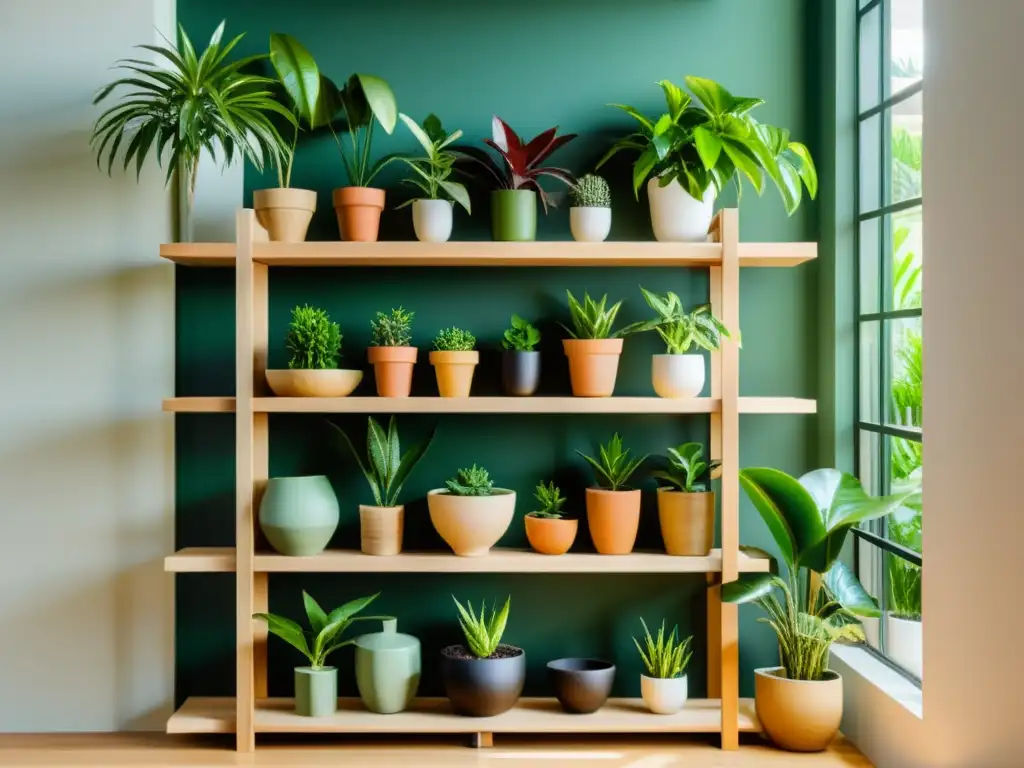 Una estantería de madera organizada con plantas de interior exuberantes que combinan en un ambiente tranquilo y acogedor