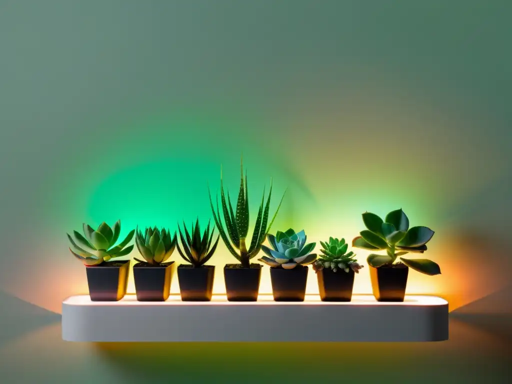 Estantería de plantas con terapia de colores LED para plantas, diseño minimalista y exuberante vegetación bajo la suave luz de LED