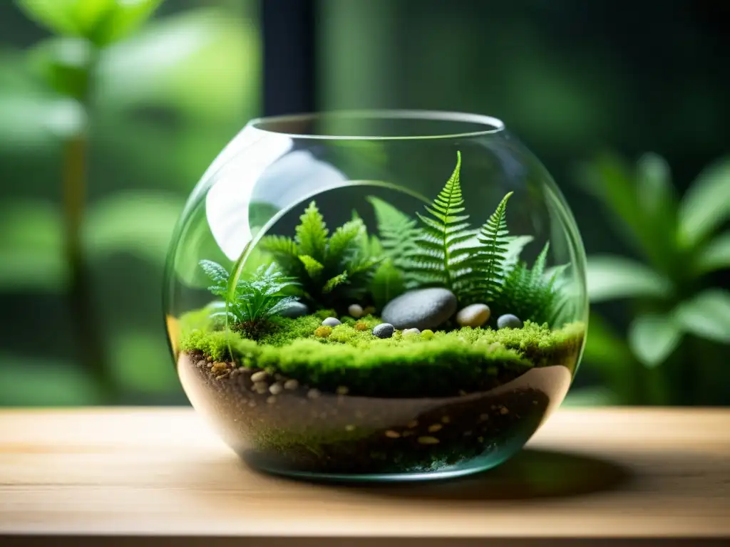 Composición estética terrarios plantas interiores: Imagen de un hermoso terrario con musgo, helechos y piedras, bañado por suave luz natural