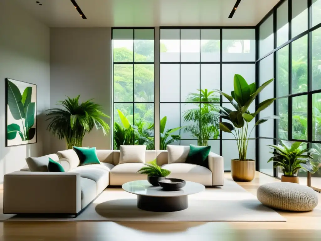 Estilo Urban Jungle en hogar: Sala moderna con plantas tropicales, luz natural y decoración minimalista en tonos neutros