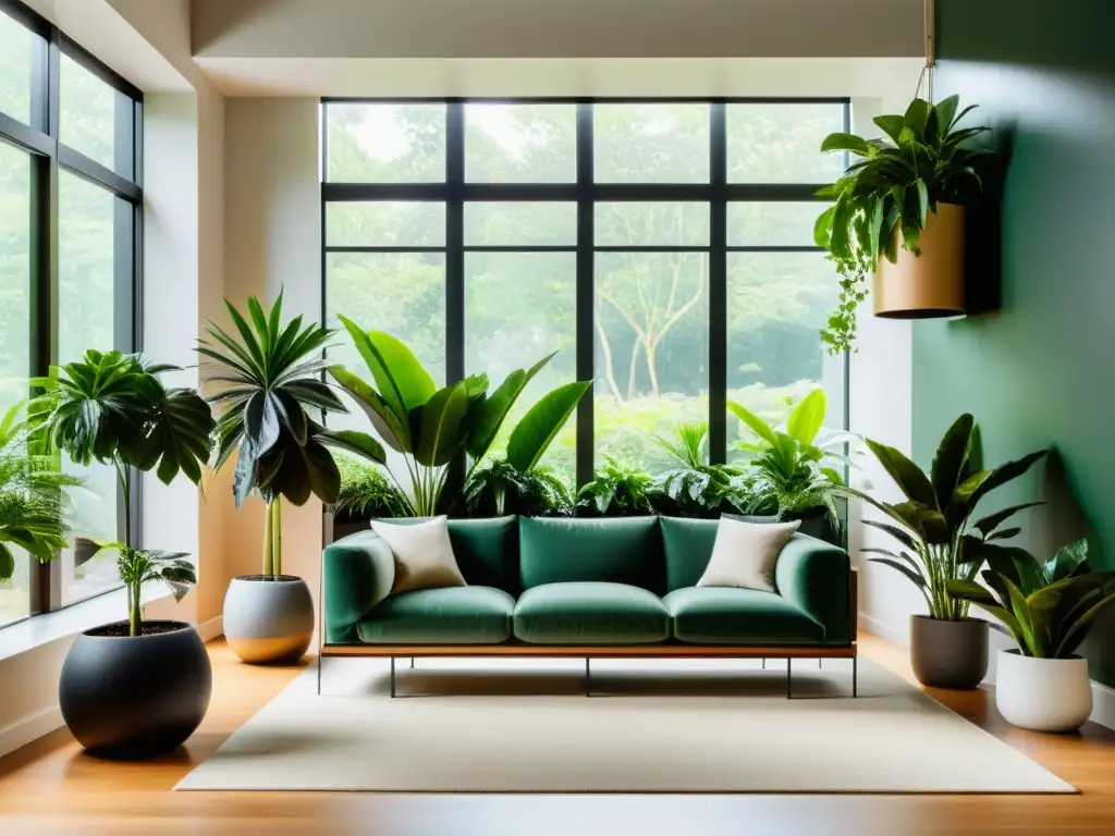 Estiloso salón con plantas de interior para enfriar, creando un ambiente fresco y relajante con su diseño minimalista y moderno