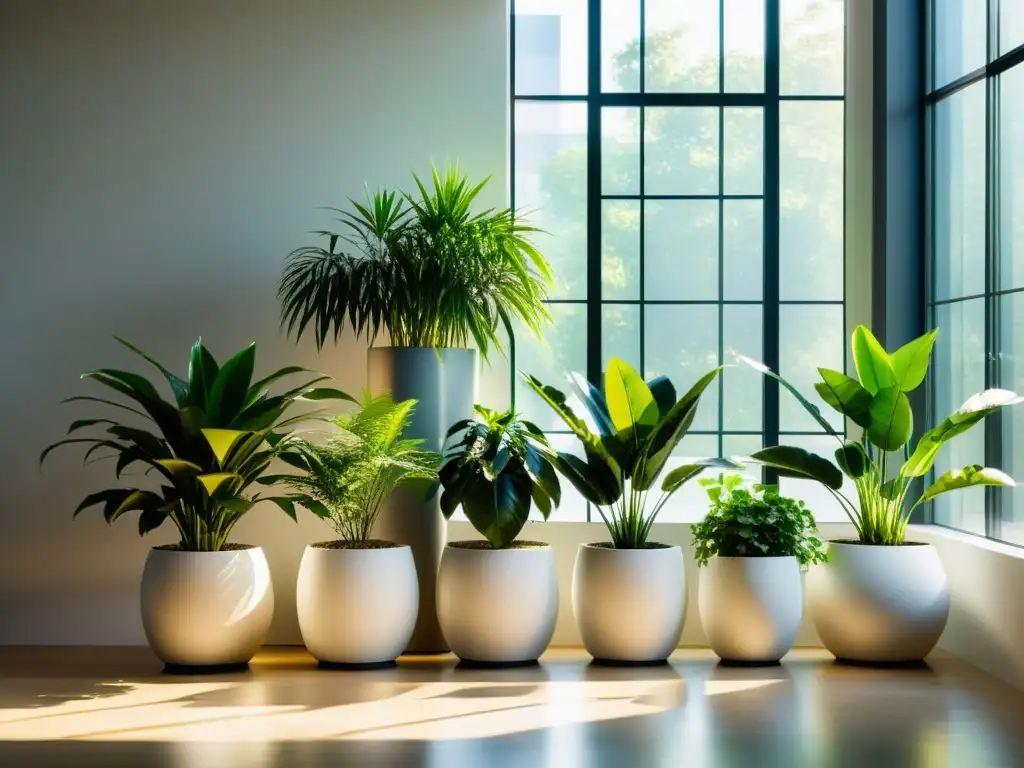 Ubicación estratégica plantas interior: Espacio luminoso con plantas verdes en modernos maceteros, creando un ambiente sereno y acogedor