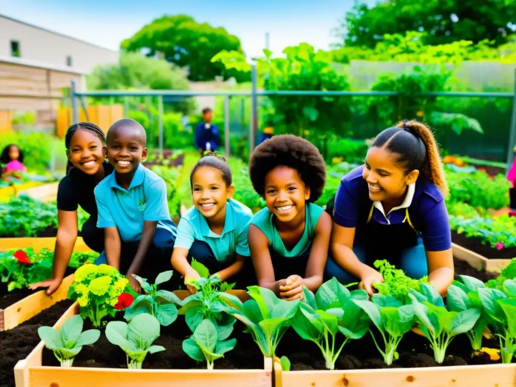 Estudiantes de diferentes edades cuidan jardín comunitario con alegría