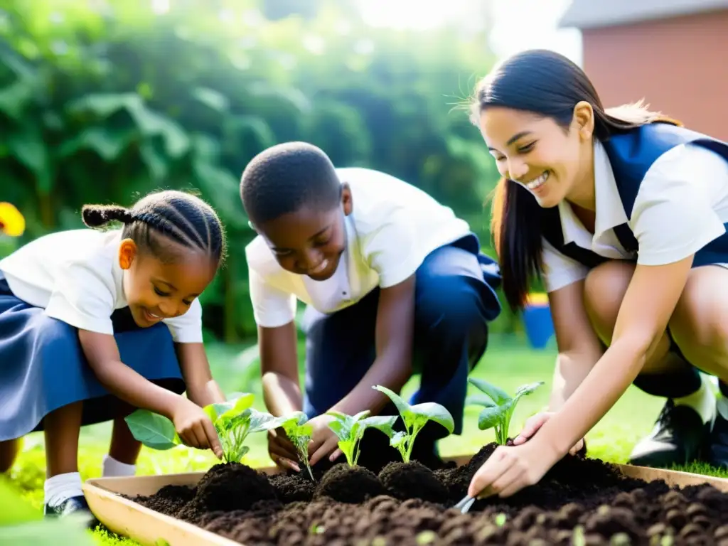 Estudiantes de primaria trabajan juntos en un jardín escolar, integrando jardines comunitarios en programas escolares