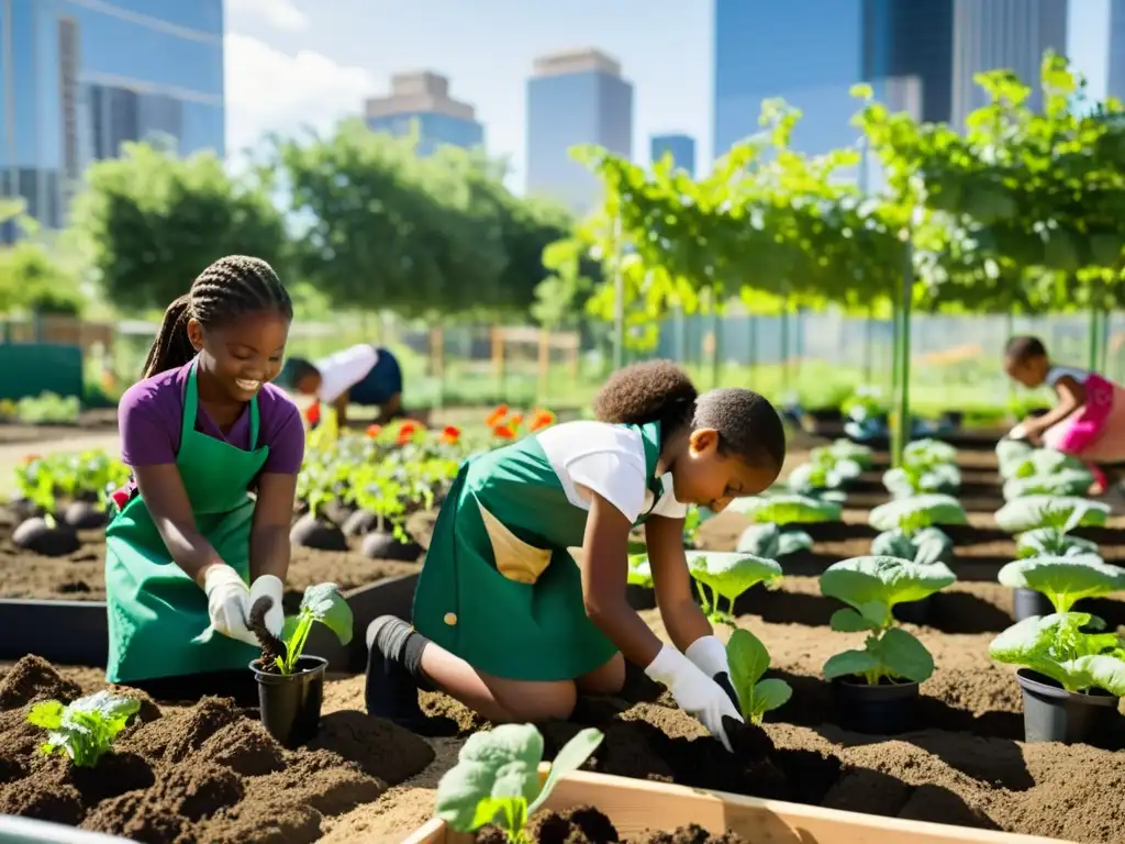 Estudiantes plantan en jardín urbano, integrando jardines comunitarios en programas escolares