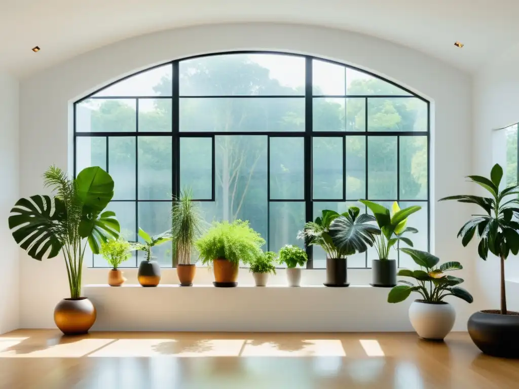 Estudio de arte interior minimalista con instalación de plantas