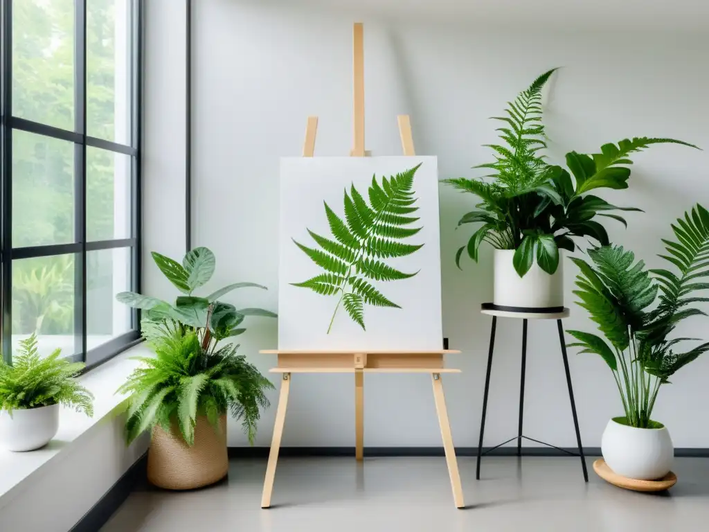 Un estudio de arte moderno y minimalista con un lienzo de hojas verdes