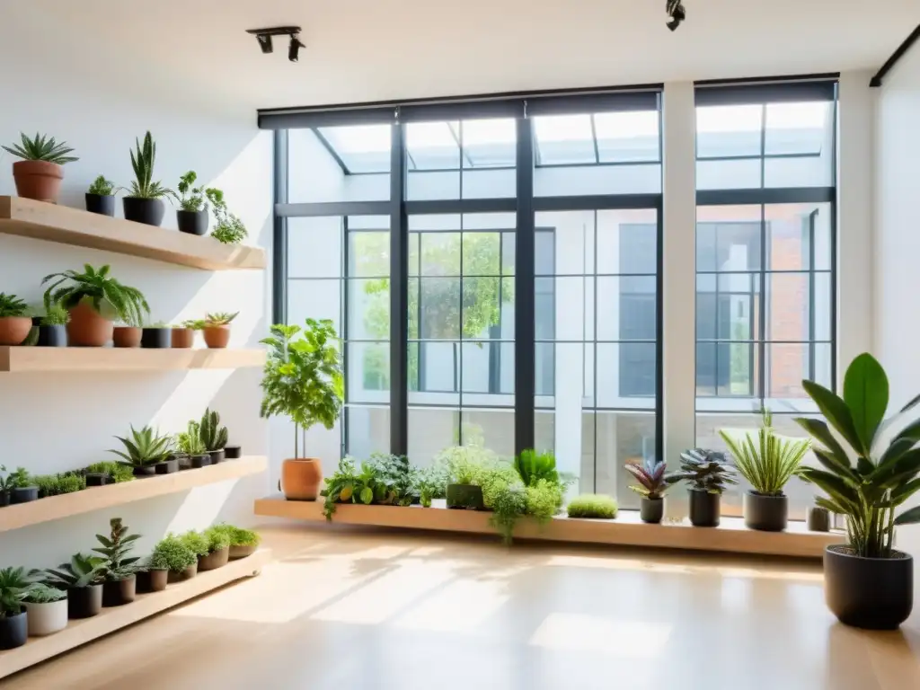 Un estudio loft espacioso y luminoso con un diseño de jardín interior minimalista