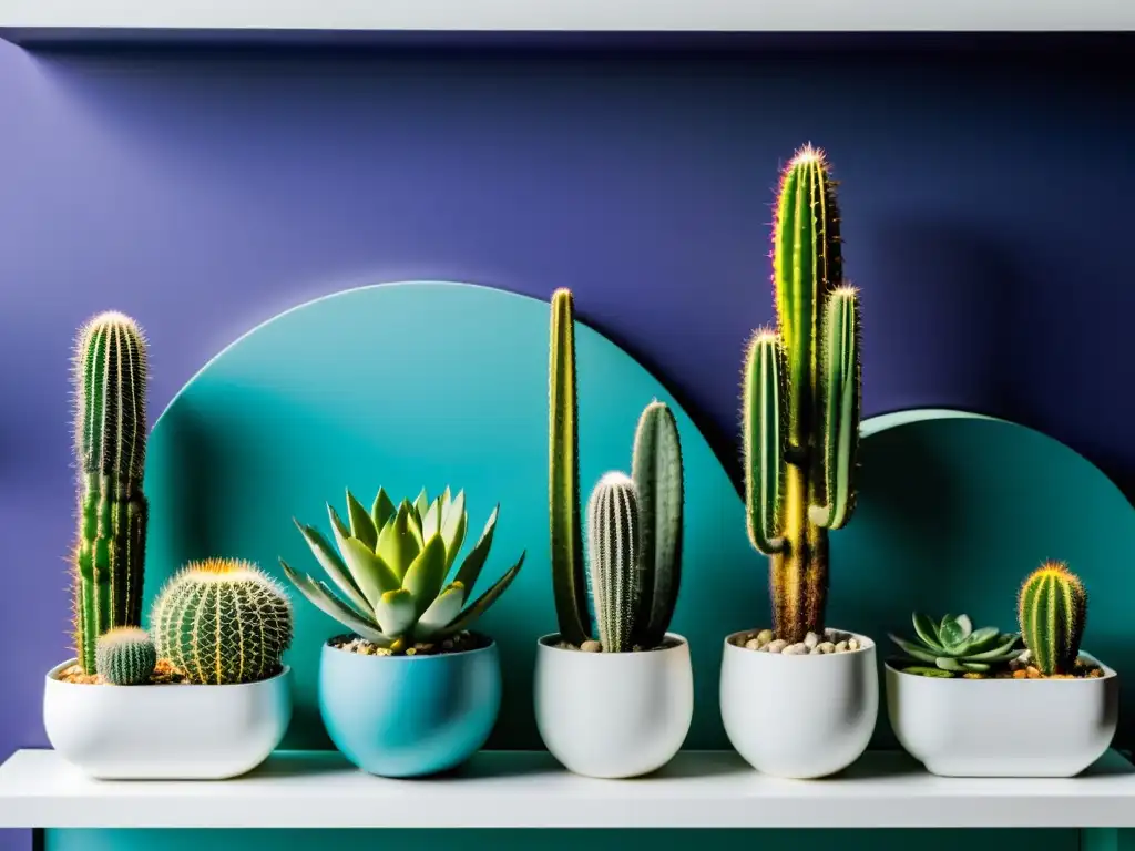 Una exhibición elegante de cactus y suculentas en estantes modernos, iluminada por la luz natural