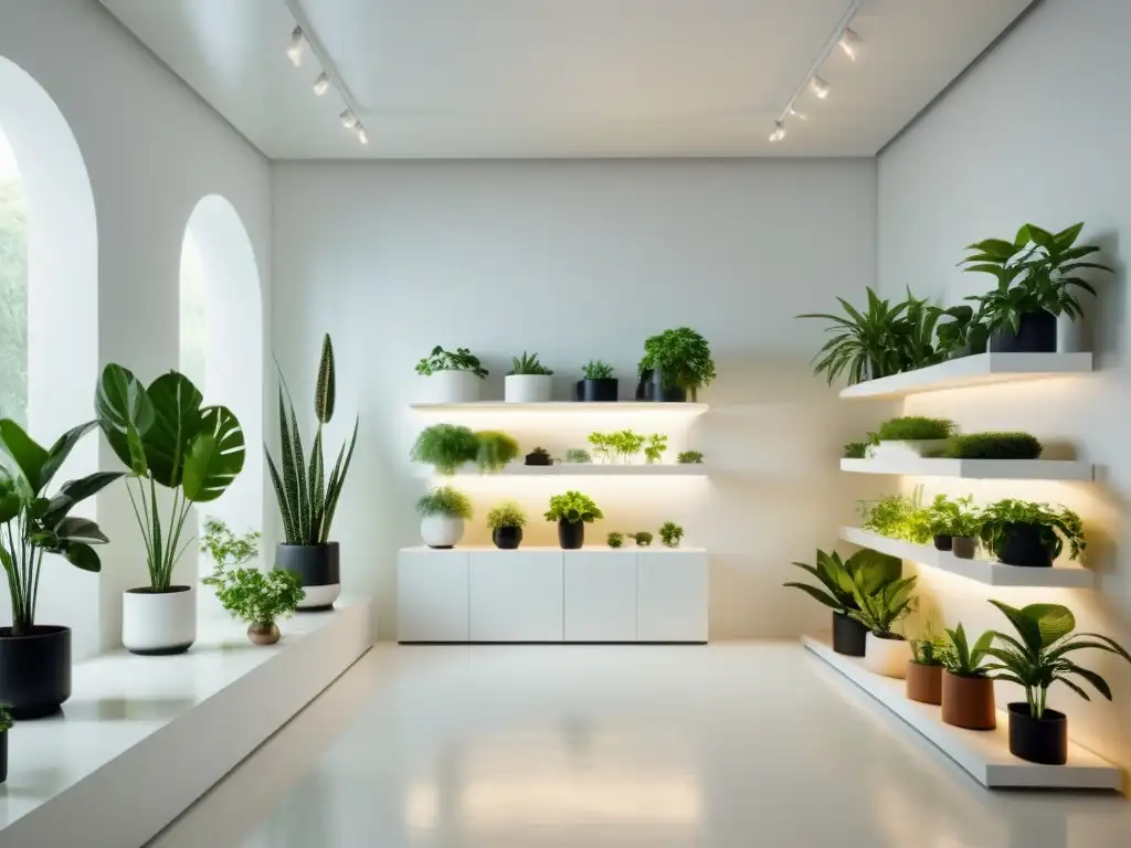 Exitosa gestión de plantas con diferentes temperaturas y luz en un espacio minimalista blanco, bañado por luz natural suave