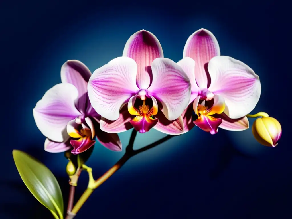 Exótica orquídea en floración nocturna, con pétalos translúcidos en tonos de morado profundo y azul medianoche, iluminada por luz de luna