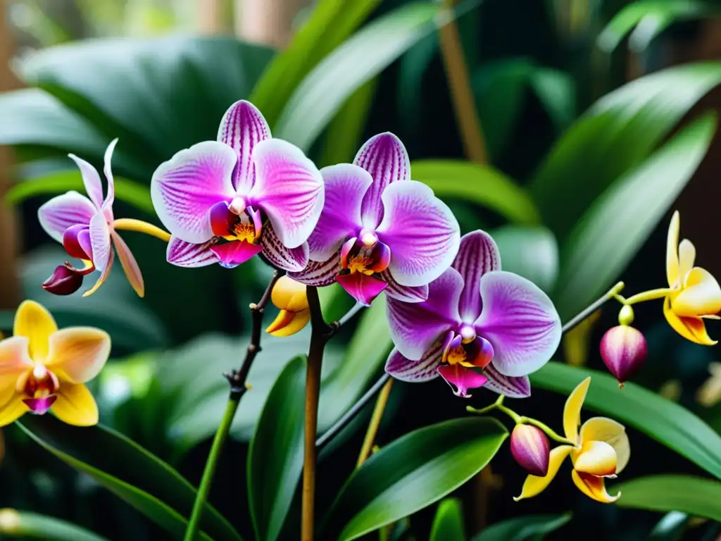 Jardín de orquídeas exóticas en la naturaleza con una variedad de Cattleyas, Dendrobiums y otras familias de orquídeas exóticas cuidado