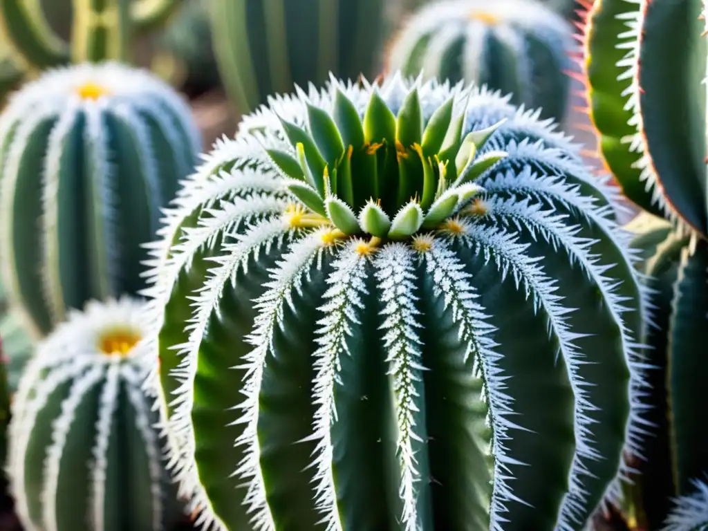 Cactus exótico cubierto de cristales de hielo, evocando la belleza y resistencia en invierno