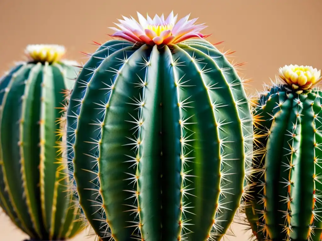 Fotografía de cactus exóticos en alta resolución, mostrando su diversidad de formas, tamaños y colores vibrantes en un fondo neutro