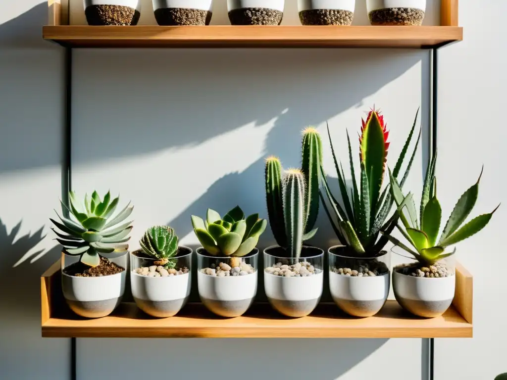 Estación de propagación de cactus exóticos en casa, con detalles de su diversidad y belleza en suculentos esquejes