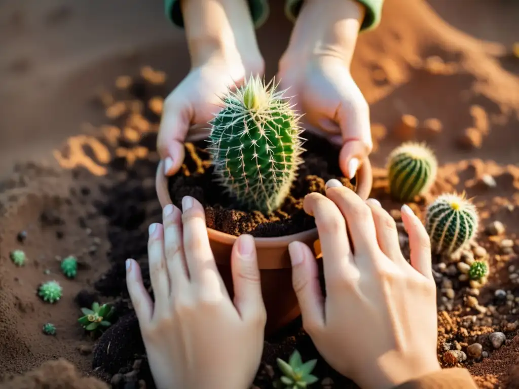 Propagación experta de cactus exóticos en casa: manos plantando con cuidado un cactus en tierra arenosa, exudando cuidado y precisión