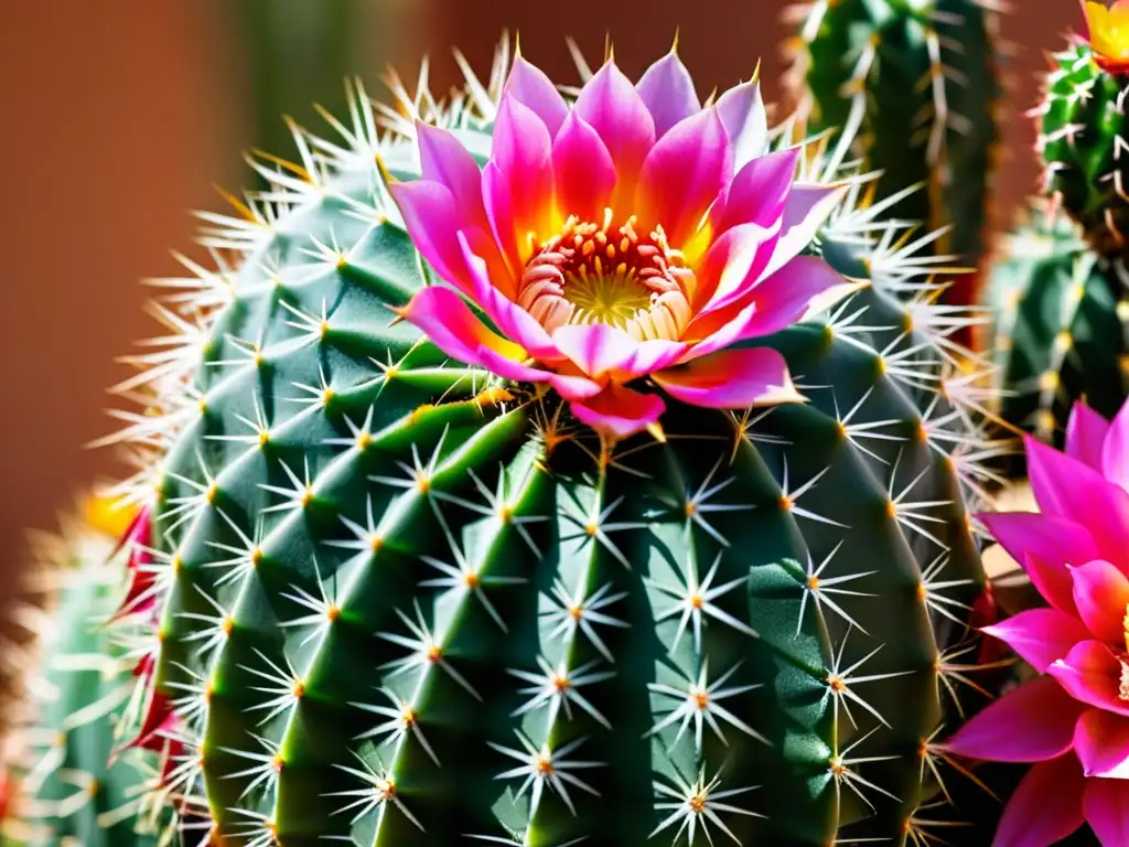 Fertilización cactus exóticos cuidado: Detalle de un cactus exótico con patrones e colores vibrantes y flores fascinantes en tonos de rosa y naranja