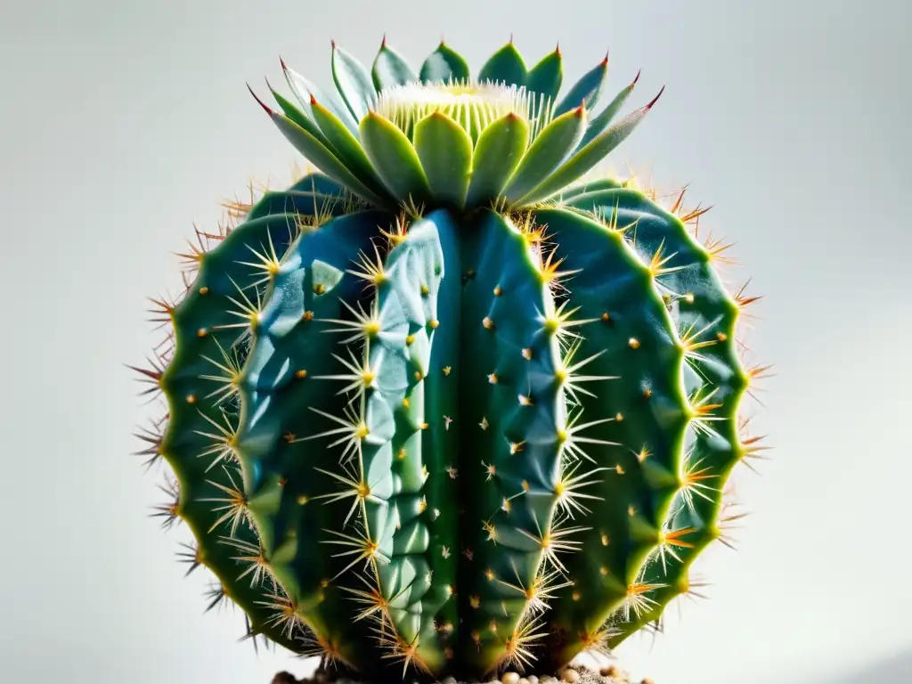 Fertilización cactus exóticos cuidado: Detalle de un exuberante cactus exótico con tonos verde y azul vibrantes, sobre fondo blanco