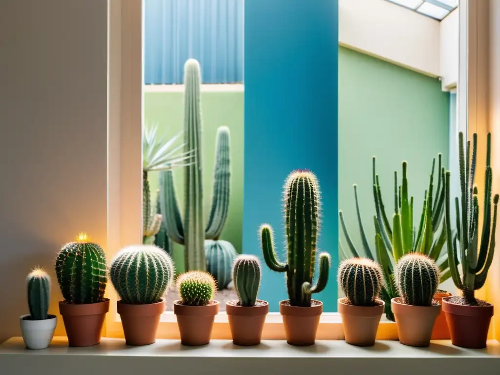 Exóticos cactus para interiores: diversidad de formas y texturas en un entorno moderno y luminoso