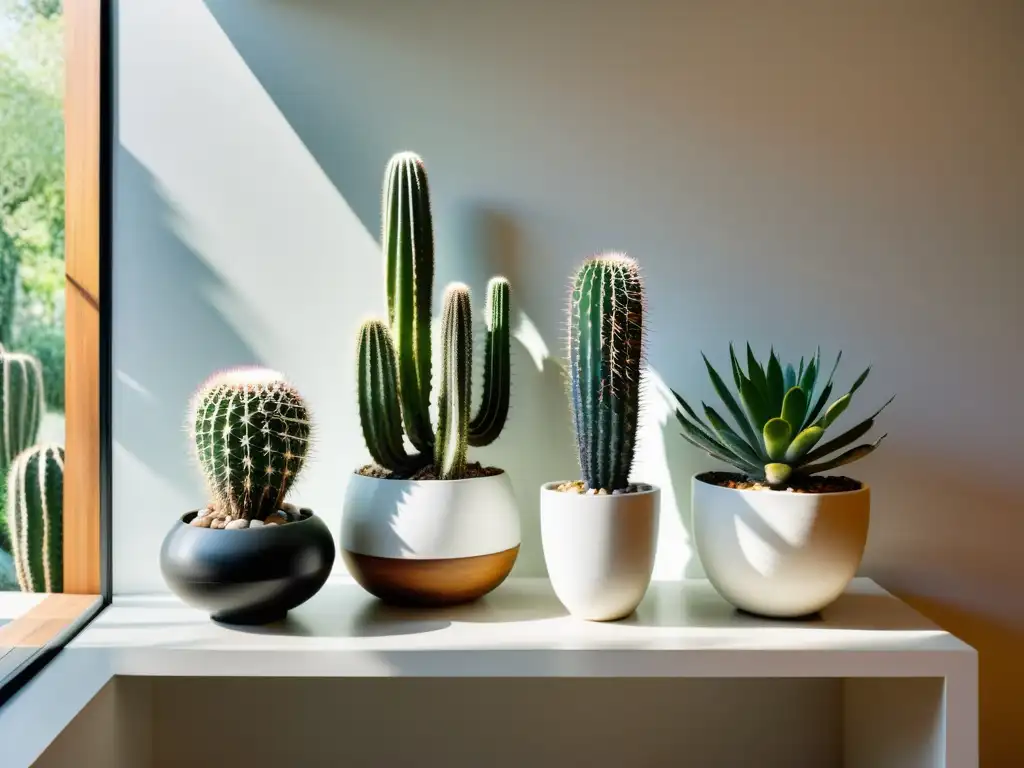 Colección de cactus exóticos en modernas macetas, iluminados por suaves rayos de sol en un minimalista salón blanco