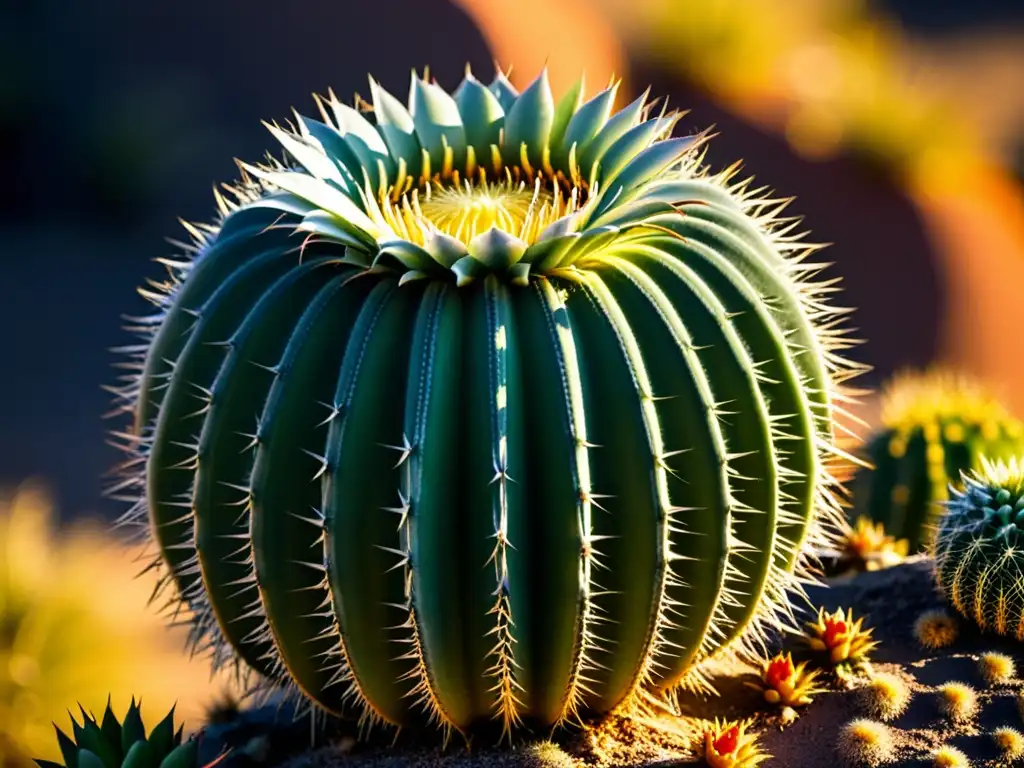 Una fotografía de cactus exóticos en un paisaje desértico al atardecer, resaltando la belleza cruda y salvaje de esta especie única