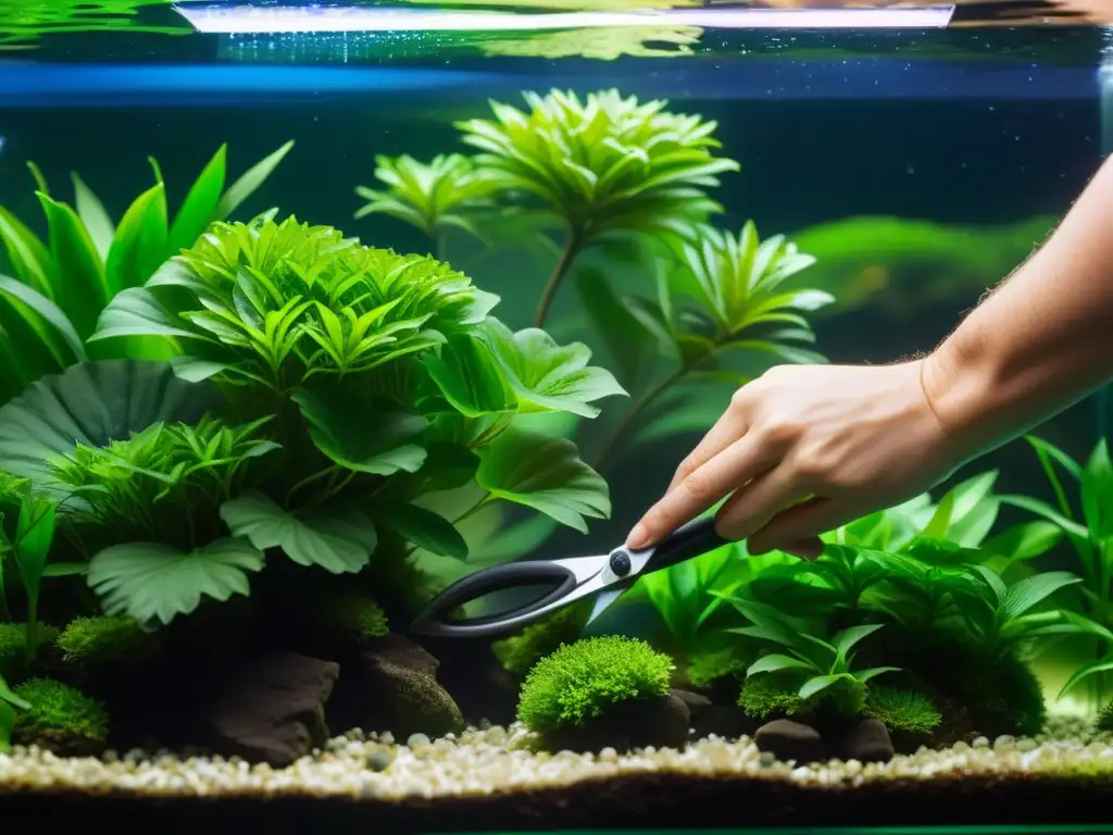 Un experto acuarista realiza la meticulosa poda de plantas acuáticas en pecera, creando un paisaje submarino sereno y visualmente impactante