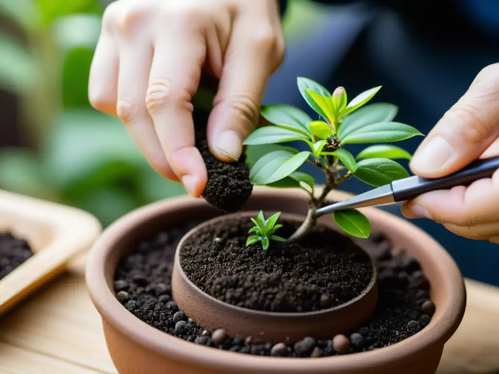 Un experto cultivador de bonsáis planta con cuidado una diminuta semilla de Bonsái Asiático en una maceta pequeña, llena de tierra oscura y rica