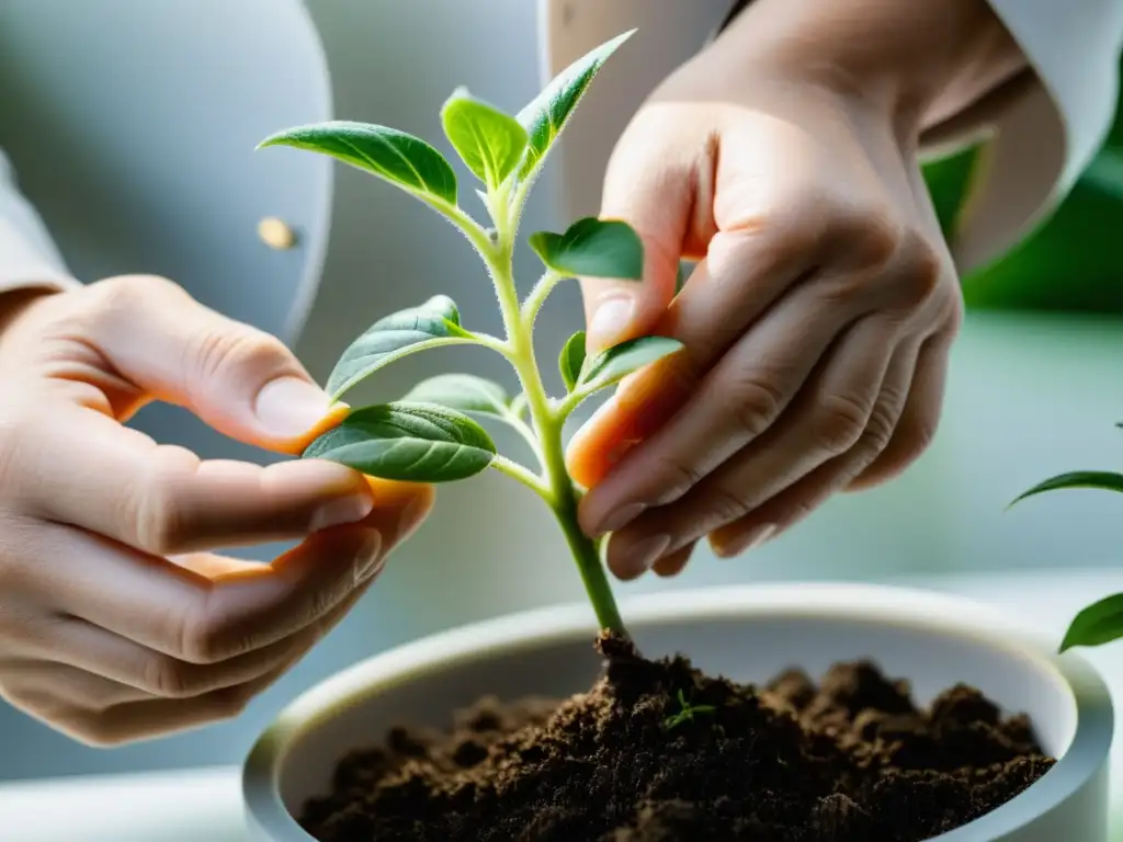 Un experto realiza con delicadeza un injerto en una planta de interior, destacando la precisión y cuidado