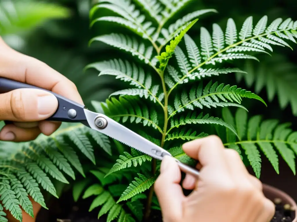 Un experto podando cuidadosamente las exuberantes hojas de una planta de helecho en un interior minimalista