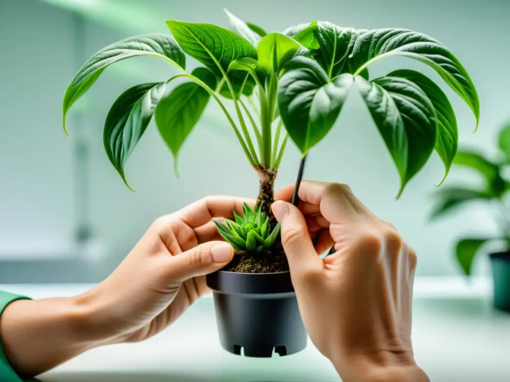 Maestría en injertos: manos expertas transforman una planta Un experto realiza un injerto en una planta de interior