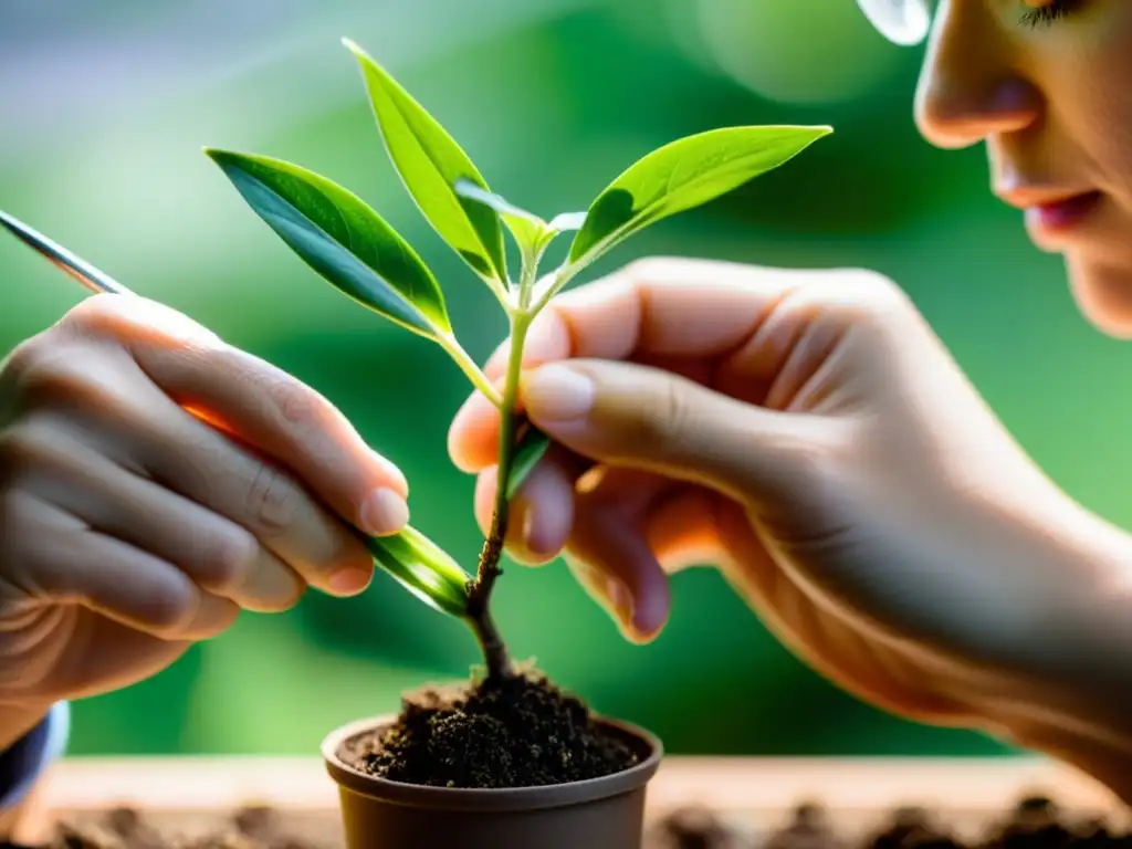 Un experto realiza un injerto a una planta de interior con precisión y cuidado, destacando la meticulosidad y tranquilidad del proceso