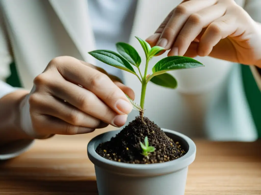 Experto en injerto de plantas de interior cuidadosamente injertando una delicada planta