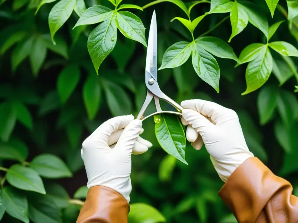 Un experto jardinero poda con precisión las hojas de una exuberante planta colgante, resaltando la meticulosidad de la poda de plantas colgantes