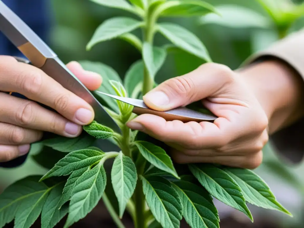 Un experto jardinero realiza con precisión el injerto de plantas