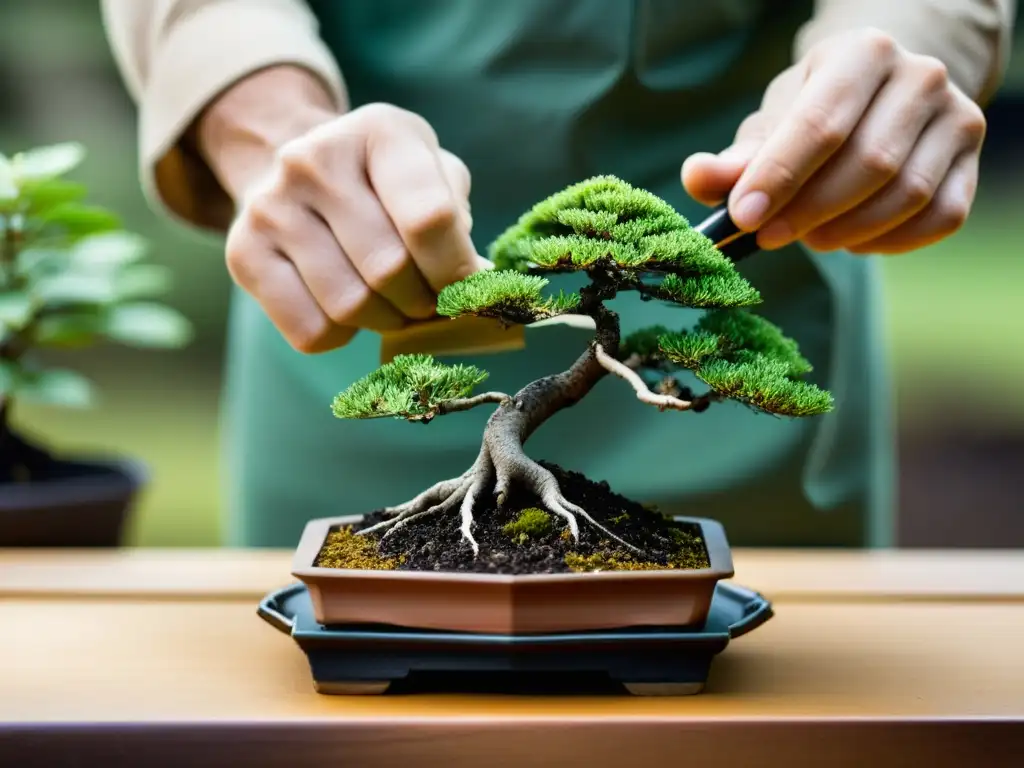 Un experto jardinero realiza la técnica de propagación de bonsáis con precisión y cuidado, resaltando la belleza natural del proceso