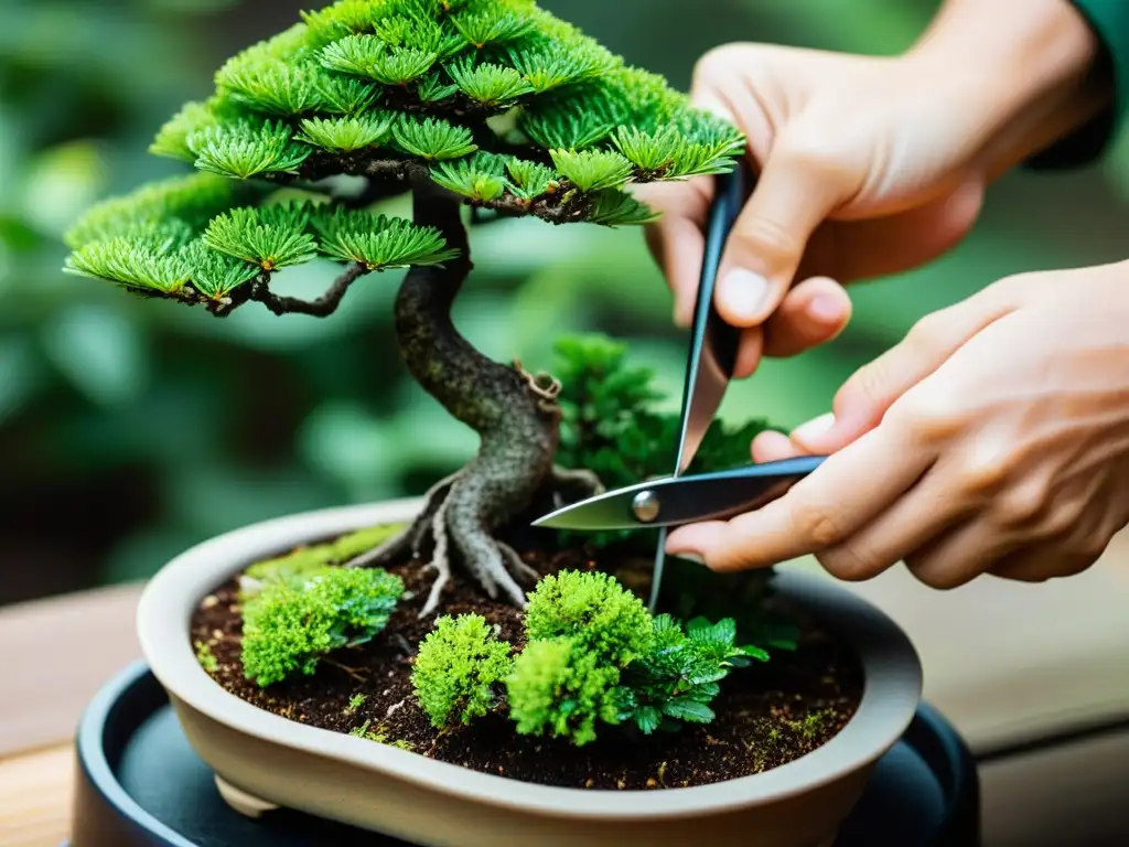 Un experto cuida con precisión un bonsái, siguiendo consejos de poda para el cuidado de plantas