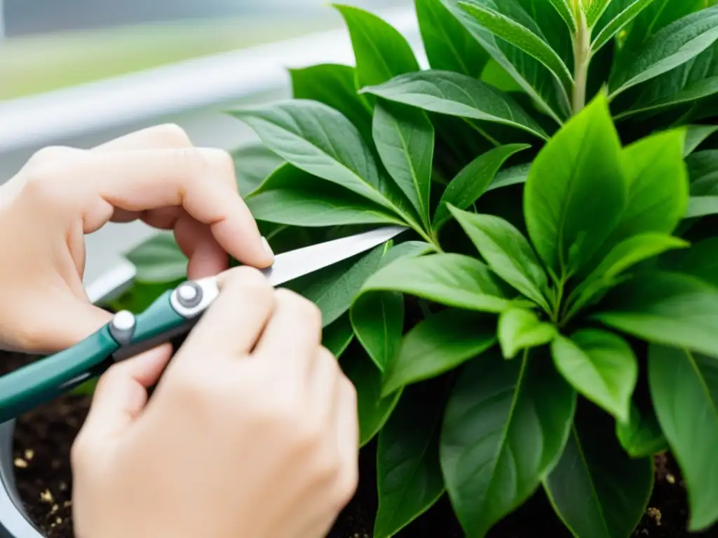 Un experto podando con precisión una planta de interior exuberante, evitando errores fatales en la poda